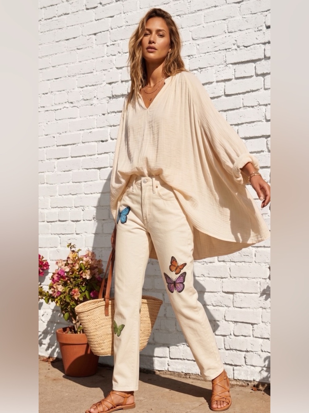 Levi's Cream Straight-Leg Jeans with Colorful Butterfly
